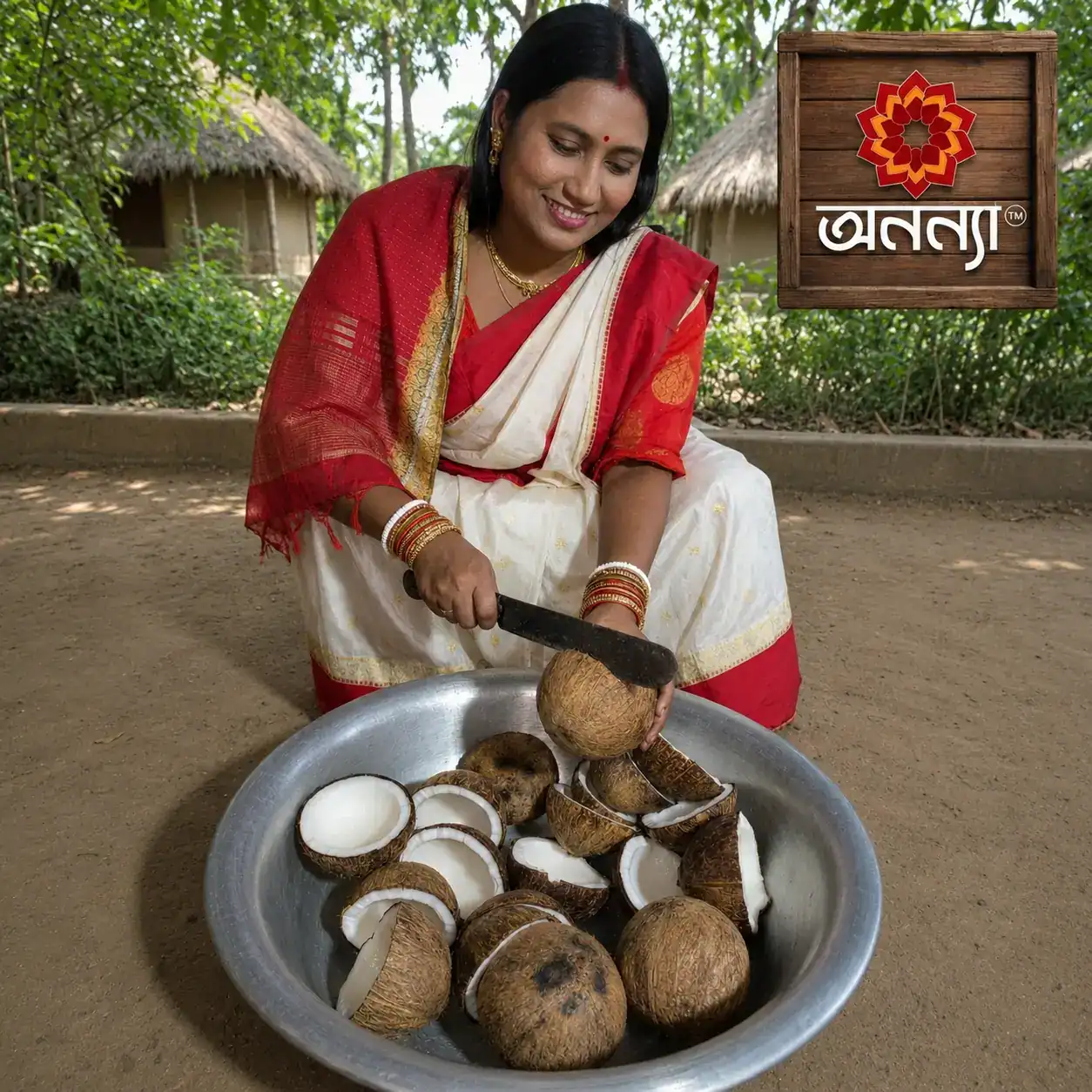 নারকেল ভাঙা হচ্ছে